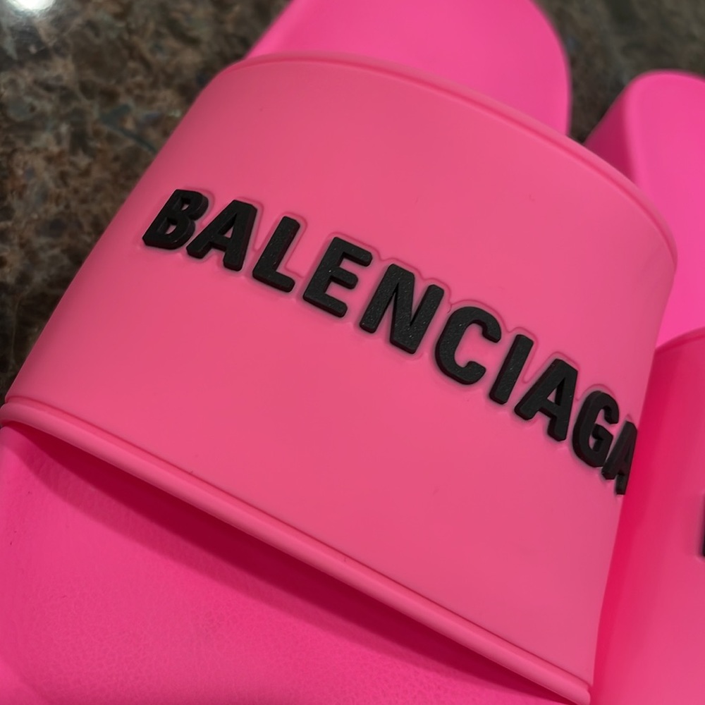 Balenciaga rubber pvc pool slides neon pink logo flats sandals sz 42 - Picture 4 of 10